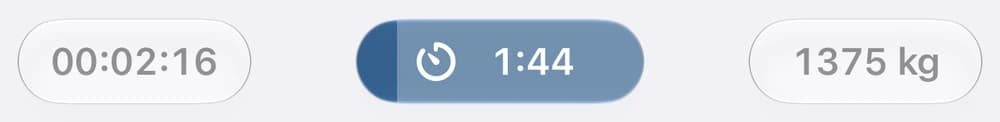 Workout bottom bar with the active blue rest countdown between the workout duration and total volume.